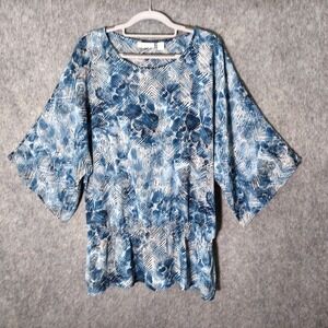 Chicos Tunic 3 XL Blue Kimono Sleeve Cottage Boho Hippie Smocked Ruffle Sheer